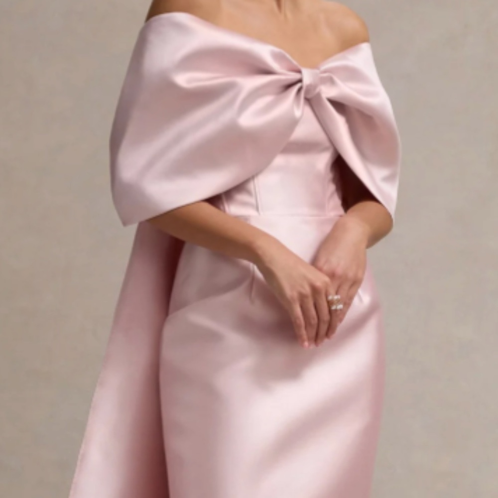 WANTING MORE PINK SATIN CAPE MAXI DRESS WITH OVERSIZED BOW